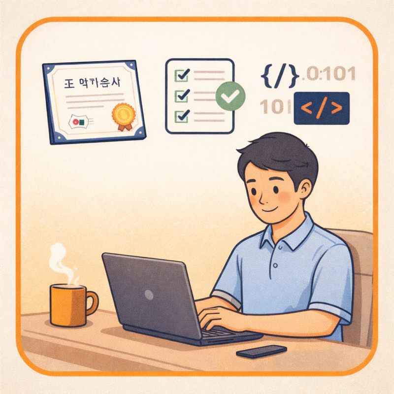 정보처리기능사 자격증 교재와 컴퓨터, 체크리스트 아이콘이 함께 있는 정보처리기능사 완벽 가이드 썸네일 일러스트