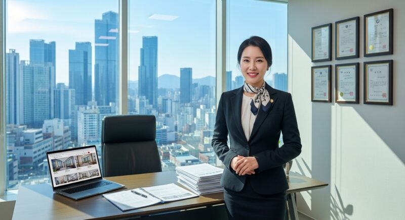현대적인 사무실에서 비즈니스 정장을 입은 전문적인 한국인 공인중개사가 부동산 서류와 매물 정보가 표시된 컴퓨터가 있는 책상 옆에 자신감 있게 서 있는 모습, 도시 스카이라인이 보이는 큰 창문이 있는 사무실, 벽에 자격증과 상패가 걸려있는 전문적인 분위기, 밝은 자연광, 사진처럼 사실적인 스타일의 고품질 비즈니스 사진