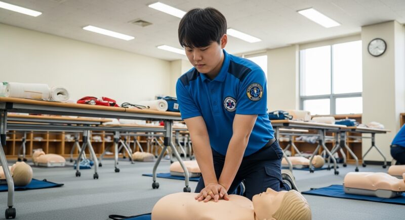 응급구조사 자격증 취득을 위해 심폐소생술 실습 훈련하는 장면