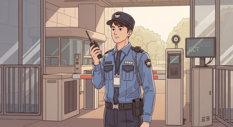 청원경찰이 순찰 중 무전기로 상황 보고하는 근무 현장