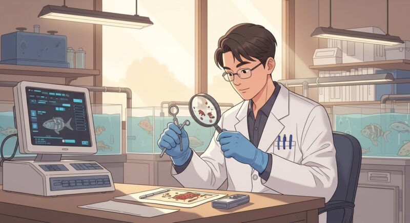 수산질병관리사가 양식장에서 물고기 건강 상태를 검사하는 현장
