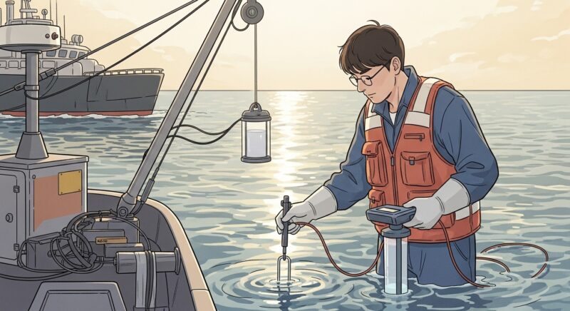 해양 수질 샘플링 작업 중인 해양환경기사, 전문 측정 장비 사용 장면