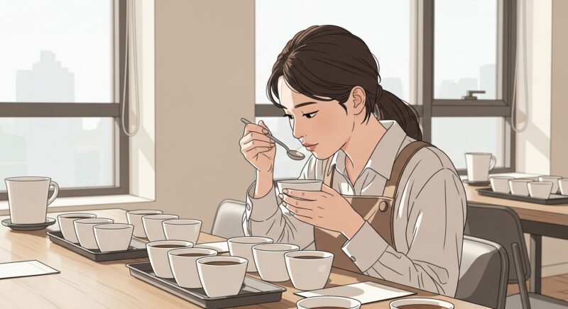 큐그레이더가 커핑 스푼으로 커피를 테이스팅하는 전문 작업 현장