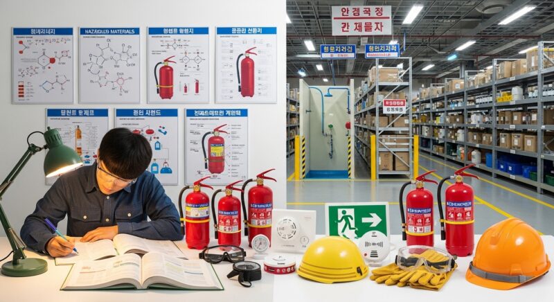 ** 책상에서 위험물 안전 교재로 공부하는 집중된 한국인 학생, 벽에 화학식 차트, 소화기 다이어그램 포스터, 책상 위 보안경, 형광펜으로 표시된 노트, 따뜻한 스탠드 조명, 사실적인 사진 스타일, 교육적 분위기