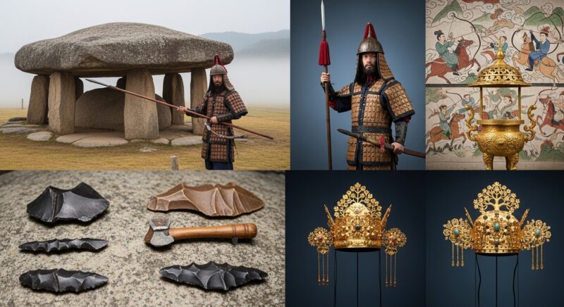 ** 구석기시대 뗀석기와 주먹도끼가 자연스러운 바위 표면에 진열된 모습