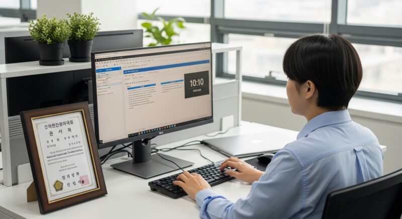 워드프로세서 국가기술자격 시험을 보는 사람이 데스크톱 컴퓨터 앞에 앉아 타이핑 테스트를 하고 있으며, 책상 위에 국가기술자격증이 보이는 전문적인 사무실 환경