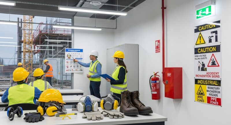 ** 산업 시설 내 안전 교육 교실, 안전모와 안전조끼를 착용한 근로자들이 책상에 앉아 있고 강사가 벽의 안전 포스터를 가리키는 모습