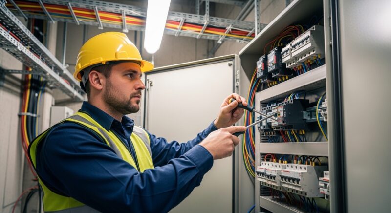 안전 장비를 착용하고 전기 패널 작업을 하는 전문 전기기사, 노란색 안전모와 고가시성 조끼 착용, 절연 공구를 들고 집중하는 표정, 배경에 차단기와 배선이 보이는 산업 환경, 밝은 천장 조명, 사실적인 스타일