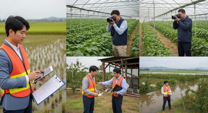 ** A professional crop damage assessor in business attire examining damaged rice paddy fields with a clipboard and tablet, wearing a safety vest, agricultural landscape in background, natural lighting, documentary photography style **alt:** 전문 손해평가사가 안전조끼를 입고 클립보드와 태블릿을 들고 피해를 입은 논을 조사하는 모습 ## 프롬프트 2 **프롬프트:** Korean agricultural insurance damage assessor inspecting hail-damaged greenhouse crops, taking photos with professional camera, vegetables and plants visible, realistic photography, professional documentation scene **alt:** 한국 농업 손해평가사가 우박 피해를 입은 비닐하우스 작물을 점검하며 전문 카메라로 촬영하는 장면 ## 프롬프트 3 **프롬프트:** Insurance claim inspector measuring and documenting storm damage to farm equipment and structures, professional uniform, rural setting, clipboard with assessment forms, photorealistic style **alt:** 보험 손해평가사가 폭풍으로 피해를 입은 농기계와 구조물을 측정하고 기록하는 모습 ## 프롬프트 4 **프롬프트:** Agricultural damage surveyor consulting with farmer in orchard with damaged fruit trees, both examining affected crops, professional interaction, natural outdoor lighting, documentary style photograph **alt:** 과수원에서 손해평가사가 피해를 입은 과일나무를 농부와 함께 조사하며 상담하는 장면 ## 프롬프트 5 **프롬프트:** Loss adjuster using drone to survey flooded agricultural fields from above, holding remote controller, wide aerial view of farmland, modern technology in agriculture assessment, realistic photography **alt:** 손해평가사가 드론을 조종하여 침수된 농경지를 상공에서 조사하는 현대적인 평가 장면