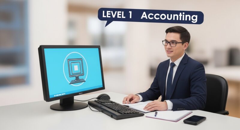 정장을 입은 남성이 책상에 앉아 컴퓨터로 회계 레벨 1 온라인 강의를 듣는 모습