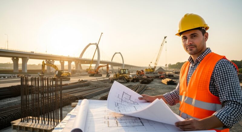 안전모와 안전조끼를 착용한 토목기사가 대형 건설 현장에서 설계도면을 검토하는 전문적인 모습