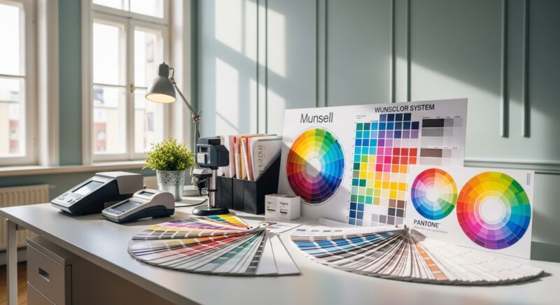 먼셀 색체계 차트, 팬톤 견본, 색상환이 배치된 전문 컬러리스트의 작업 공간. 자연광이 들어오는 현대적인 사무실에서 색채 측정 도구와 정리된 색상 샘플북들이 깔끔한 책상 위에 놓여있는 전문적이고 신뢰감 있는 분위기의 이미지