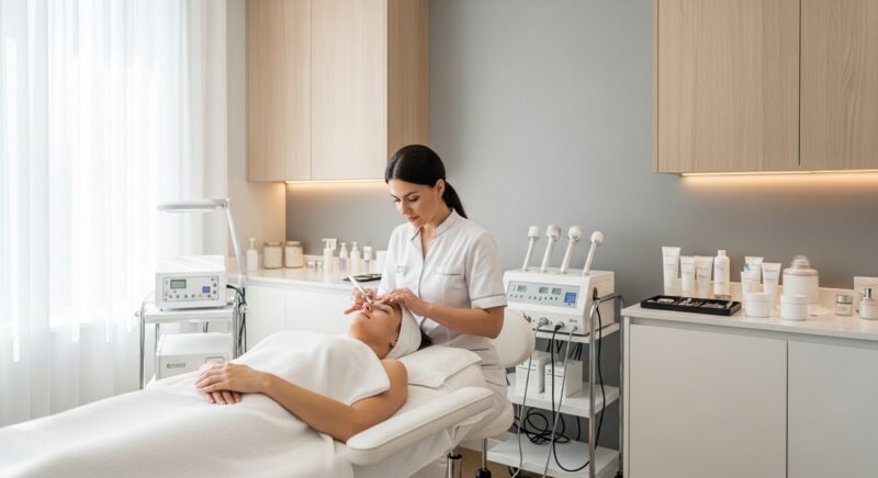 깨끗하고 현대적인 스파 공간에서 전문 피부관리사가 고객에게 페이셜 트리트먼트를 시술하는 모습, 전문적이고 신뢰감 있는 분위기