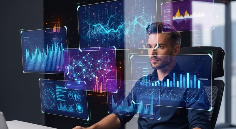 홀로그램 스크린으로 데이터 차트와 그래프를 분석하는 전문 데이터 분석가의 모습, 미래지향적이고 전문적인 빅데이터 업무 환경