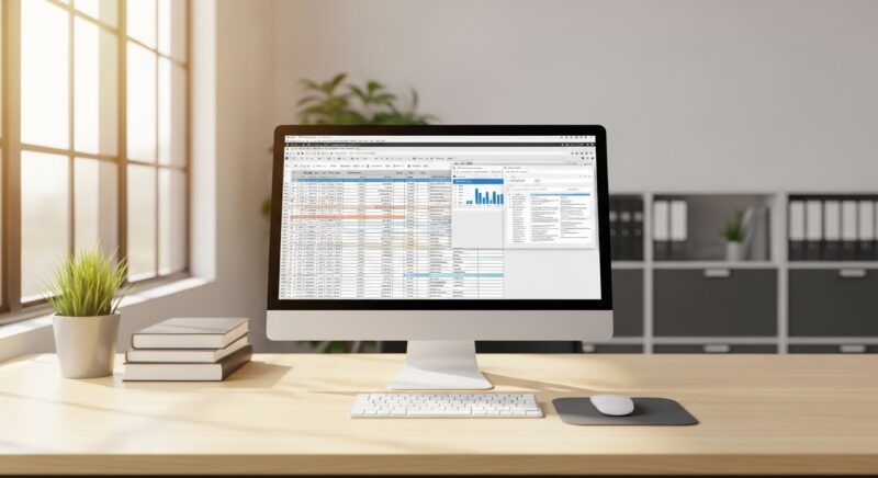 현대적인 사무실 환경에서 컴퓨터로 업무를 처리하는 전문적인 업무 자동화 작업 공간