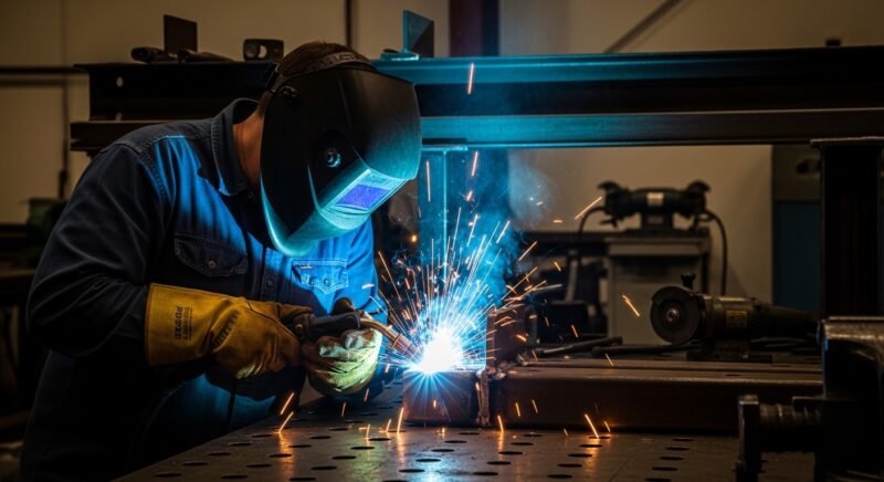 어두운 용접 헬멧과 보호 장비를 착용한 전문 용접공이 산업 작업장에서 밝은 용접 불꽃과 함께 작업하는 모습, 전문성과 신뢰감이 느껴지는 산업 현장