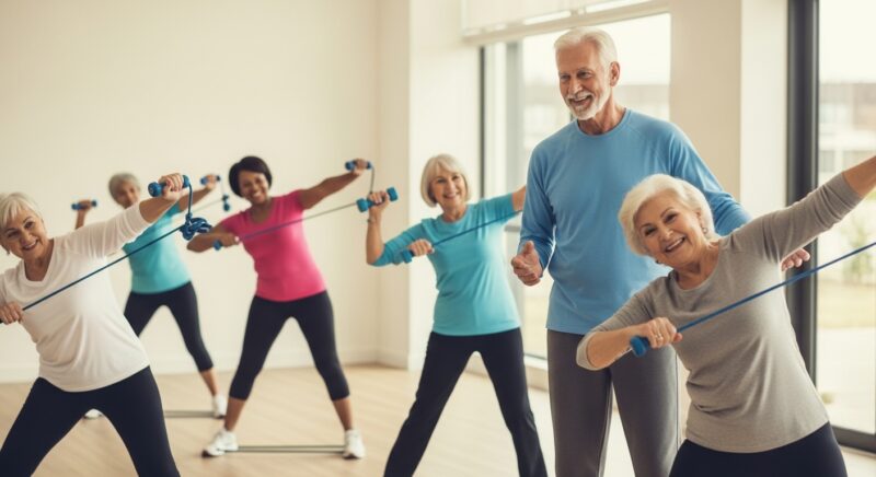 밝은 커뮤니티 센터 체육관에서 노인 스포츠 지도사가 활기찬 노인들에게 스트레칭과 가벼운 운동을 지도하는 전문적이고 따뜻한 분위기의 장면