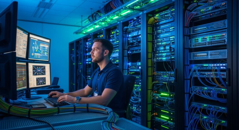 현대적인 서버실에서 네트워크 장비를 관리하는 전문 네트워크 관리자, 파란색과 녹색 조명이 있는 기술적인 분위기