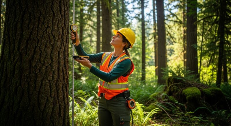 산림기사 자격증을 상징하는 전문 산림 기술자가 울창한 숲에서 나무를 측정하고 관리하는 모습