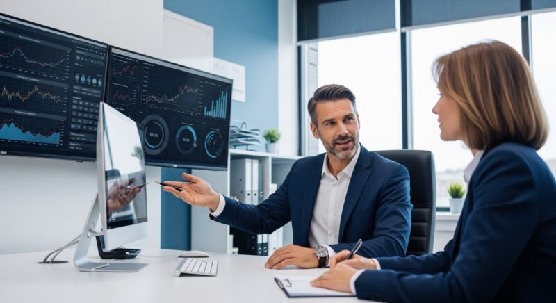 현대적인 사무실에서 고객과 상담 중인 전문 펀드투자 자문인력, 모니터에 투자 차트가 표시되어 있고 신뢰감 있는 전문가적 분위기