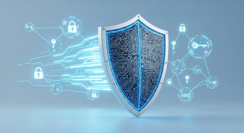 회로 패턴이 있는 디지털 방패가 빛나는 데이터 스트림을 보호하고 있으며, 네트워크 노드와 암호화 심볼이 둘러싸고 있는 전문적인 사이버 보안 개념 이미지