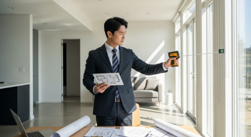 태블릿과 측정 도구를 들고 부동산을 평가하는 전문적인 정장 차림의 감정평가사, 책상 위의 도면과 서류가 있는 밝고 깔끔한 사무실 환경
