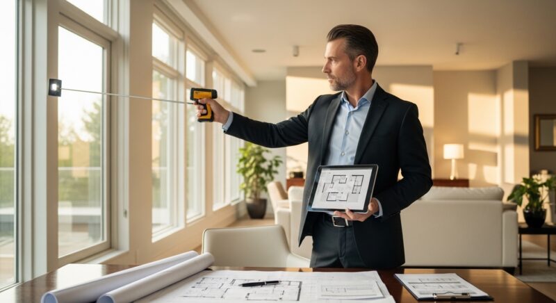 클립보드와 측정 도구를 들고 현대적인 건물을 평가하는 전문적인 복장의 감정평가사, 도시 스카이라인 배경, 신뢰감 있는 분위기