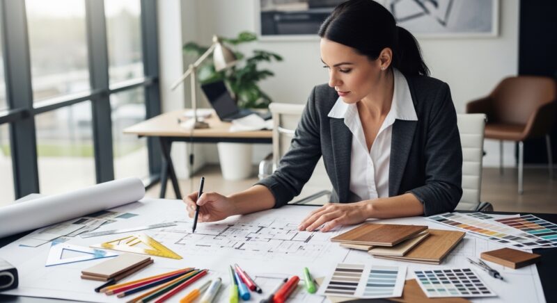 실내건축기사 자격증을 상징하는 전문적인 실내 건축가가 설계 도면과 자재 샘플을 검토하는 모습