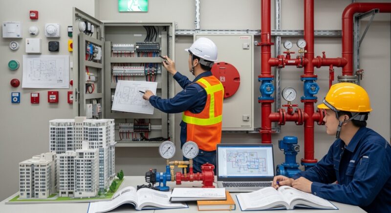 ** 현대식 건물에서 전기 화재경보 제어반을 점검하는 안전장비를 착용한 전문 소방설비 기술자, 화재감지센서와 비상조명시스템, 스프링클러 작동 제어장치들이 주변에 있고, 기술 도면이 보이는 산업현장, 사실적인 장비 묘사
