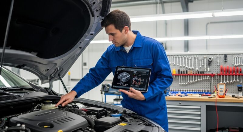 ** 자동차정비소에서 엔진을 점검하는 정비사