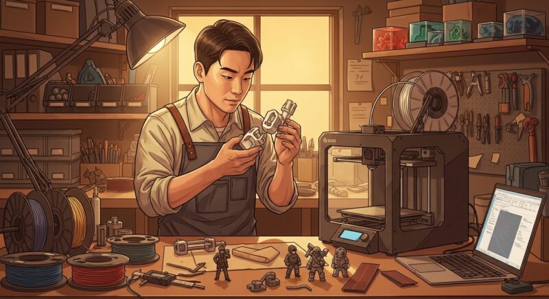 **3D프린터운용기능사** 자격증 취득 후 1인 제조업 창업을 준비하는 30대 남성이 개인 작업실에서 FDM 3D프린터로 소품종 시제품을 출력하고 완성품을 꼼꼼히 검수하는 모습