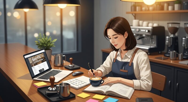 바리스타 2급 자격증 시험 준비를 위해 30대 직장 여성이 카페 카운터에서 교재와 노트를 펼쳐두고 라떼아트를 연습하며 온라인 강의를 집중해서 듣는 모습, 편의점·유통 F&B MD·점포운영 직군 실무 민간자격 대비