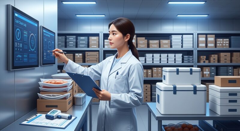 식품위생사 자격증 취득을 목표로 하는 30대 여성이 흰 가운을 입고 냉장 물류창고에서 콜드체인 온도 점검 클립보드를 들고 식품 유통 위생 관리 실무를 수행하는 전문적인 모습
