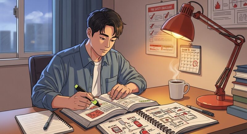 **소방안전관리자 1급** — 소방직 공무원 면접·실무 신뢰도 향상 자격증 시험 준비를 위해 30대 직장인 남성이 가정 서재에서 소방 교재와 노트에 피난경로 도면을 직접 정리하며 집중 학습하는 모습