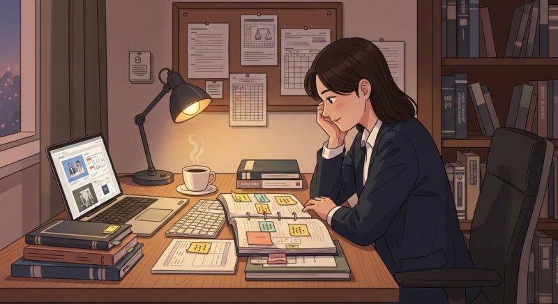 공인노무사 자격증 시험 준비를 위해 30대 직장인이 노동법 교재와 형광펜 필기노트, 노트북 온라인 강의를 활용해 저녁 홈 스터디룸에서 집중 공부하는 모습, 봄 원서접수 시즌 수험생 분위기