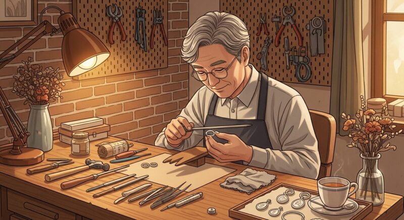귀금속가공기능사 자격증 취득 후 소규모 실버 공방을 운영하는 60대 은퇴 남성이 작업대에 앉아 정밀 도구로 은반지를 정성껏 다듬으며 장인의 집중된 표정으로 손작업에 몰두하는 모습, 창업·부업 가능 국가기술자격증