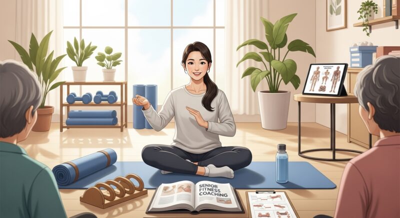 **웰니스코치(퍼스널트레이너 연계)** 자격증 공부를 마치고 복지관 스튜디오에서 시니어 헬스·요가·체력관리 수업을 진행하는 30대 여성 강사가 밝은 미소로 어르신들에게 요가 자세를 시범 보이며, 앞에는 교재와 운동 계획표가 놓여 있는 따뜻하고 건강한 분위기의 장면