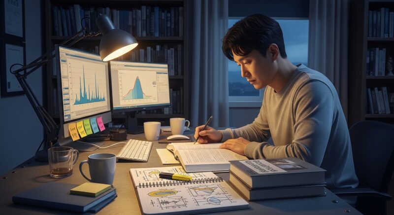 **소음진동기사** 자격증 취득을 목표로 한 30대 직장인 남성이 야간 홈스터디룸에서 음향·진동 측정 관련 기술사 교재와 파형 다이어그램 노트를 펼쳐놓고 데스크톱 화면을 참고하며 집중 학습하는 모습, 환경직 공무원 가산점 틈새 전략 자격증 준비