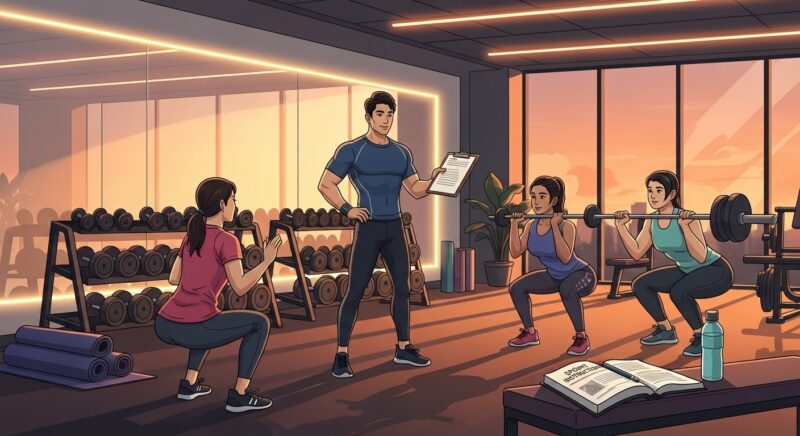 **생활체육지도자 3급** 자격증을 취득한 30대 직장인이 저녁 시간 피트니스센터에서 그룹레슨을 진행하며 참가자들에게 스쿼트 자세를 시범 보이는 모습. PT 보조 부업으로 활용 가능한 생활체육지도자 3급 자격증의 실전 현장