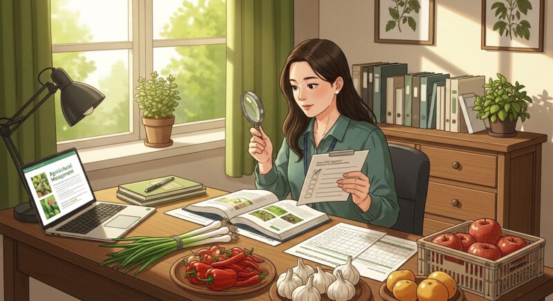 농산물품질관리사 자격증 시험 준비를 위해 30대 여성이 밝은 홈 스터디룸에서 신선한 채소와 과일 샘플을 돋보기로 꼼꼼히 검사하며 품질 등급 분류 교재와 노트북을 함께 활용해 농업직·농촌지도사 직무 역량을 쌓는 모습