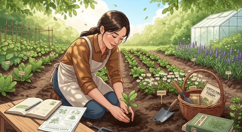 원예치료사 자격증 취득을 준비하는 30대 여성이 봄 햇살 가득한 텃밭에서 모종을 심으며 치유농업 실습 중인 모습, 원예치료 프로그램 창업 준비