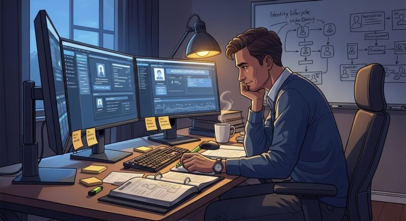 SailPoint Certified Identity Security Administrator 자격시험 발표 — 30대 IT 전문가가 홈오피스에서 아이덴티티 거버넌스 대시보드가 띄워진 멀티 모니터 앞에서 교재와 노트를 펼쳐두고 자격증 시험 준비에 집중하는 모습