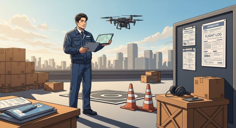 드론물류운용사 민간자격증 취득을 목표로 한 30대 물류 직장인이 도심 옥상 배송 거점에서 배달 드론을 점검하며 비행 경로를 태블릿으로 확인하는 전문적인 모습