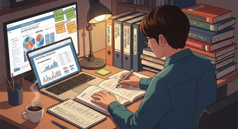 수출입통관사 민간자격증 취득을 목표로 30대 직장인이 집 서재에서 통관 규정 교재와 노트북을 펼쳐놓고 HS코드 및 무역 용어를 형광펜으로 정리하며 야간 자격증 시험 준비에 몰두하는 모습