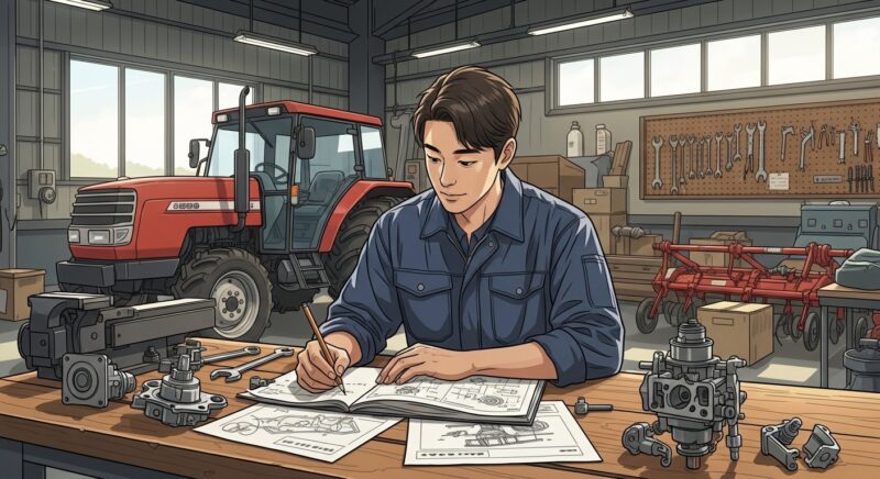 **농기계정비기능사** 자격증 시험 준비를 위해 30대 남성이 농촌 정비 작업장에서 농기계 수리 교재와 부품을 앞에 두고 집중하며 공부하는 모습, 농협 기술직 채용 가점 및 창업 준비 장면