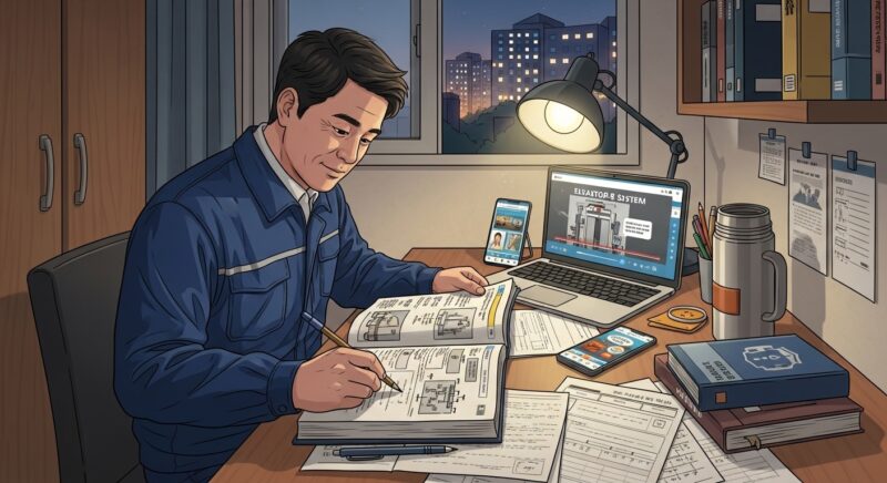 **승강기기능사** 자격증 취득을 목표로 지방 소도시 원룸에서 30대 후반 직장인이 퇴근 후 저녁 시간에 엘리베이터 기술 교재와 노트북 온라인 강의로 승강기 유지보수 이론을 공부하며 지역 전문업체 기술직 취업을 준비하는 진지하고 성실한 모습