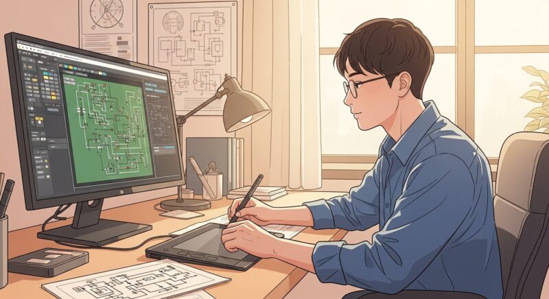 전자캐드 프로그램으로 회로도 설계 작업 중인 전문가