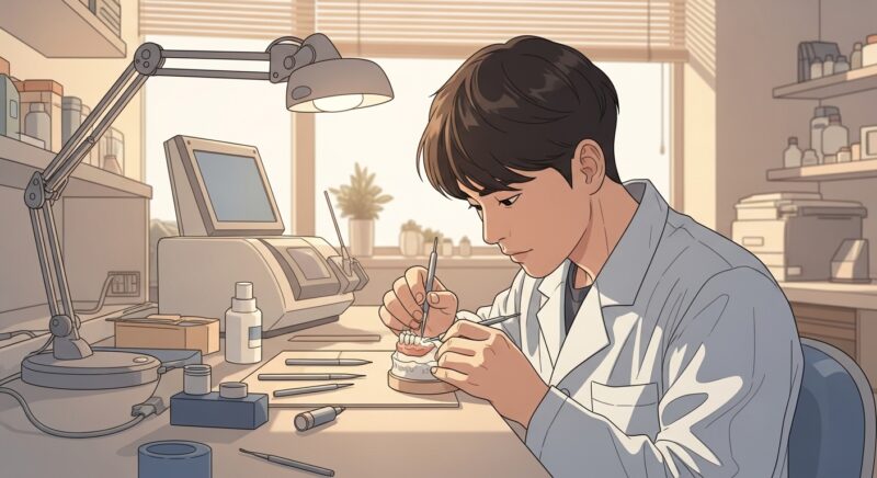 치과기공사가 정밀 도구로 치아 모형을 세심하게 제작하는 실기 작업 장면