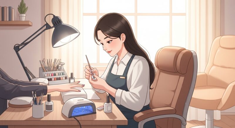 네일샵에서 고객 손톱에 젤 네일 아트 작업 중인 한국인 여성 네일 전문가