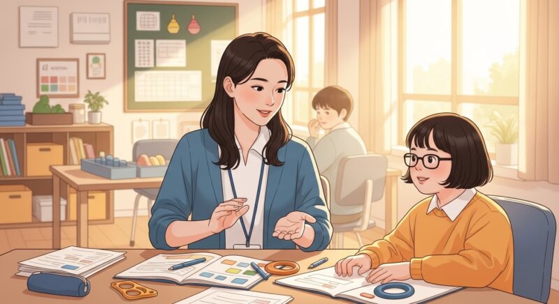 특수교육교사가 장애학생과 교육활동 자료를 함께 보며 수업하는 장면